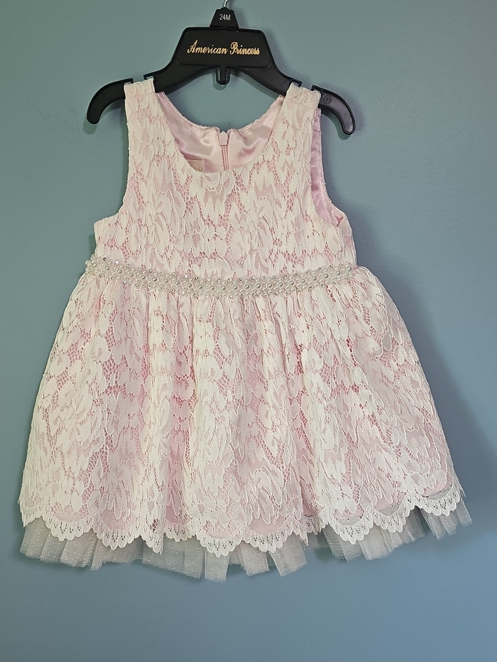 American Princess Pink Lace Pearl-Trim Girls Dress Size 24 Months